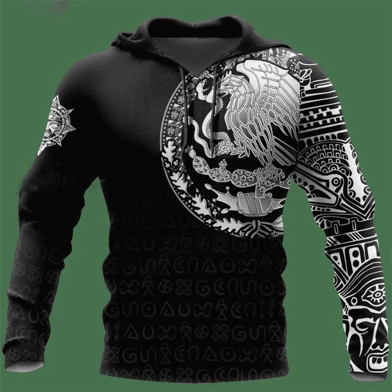 Sudadera con capucha con estampado 3D de la bandera de México y emblema nacional para hombre, sudadera de manga larga con estampado mexicano azteca, ropa de calle
