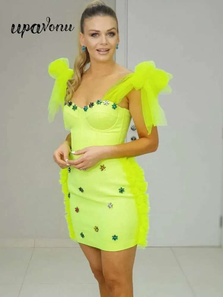 

Sexy Women's Fluorescent Bandage Dress Lace up Shoulder Straps Sleeveless Diamond Studded Bodycon Mesh Draped Mini Dress Vestido
