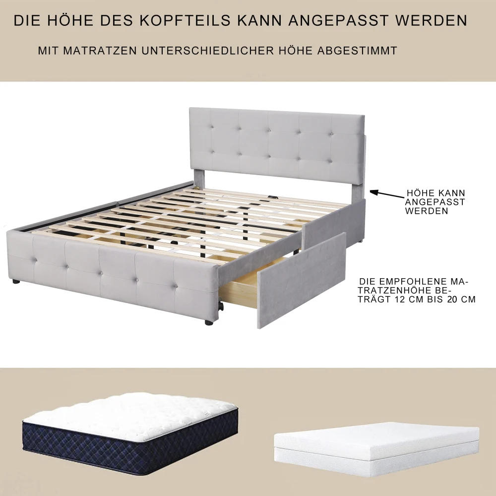 Polsterbett 140 x 200 cm, Doppelbett mit Schubladen, Tafel und Rückenlehne, hautfreundliches Doppelbett aus Samt (ohne Matratze) – Detail 29