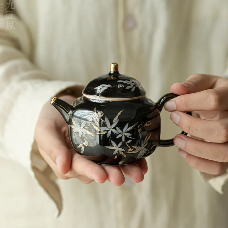 Chinese Retro Tea Pot with Black Gold Glaze Apricot Blossom with Filter Octagonal Tea Set Ceramic Maker