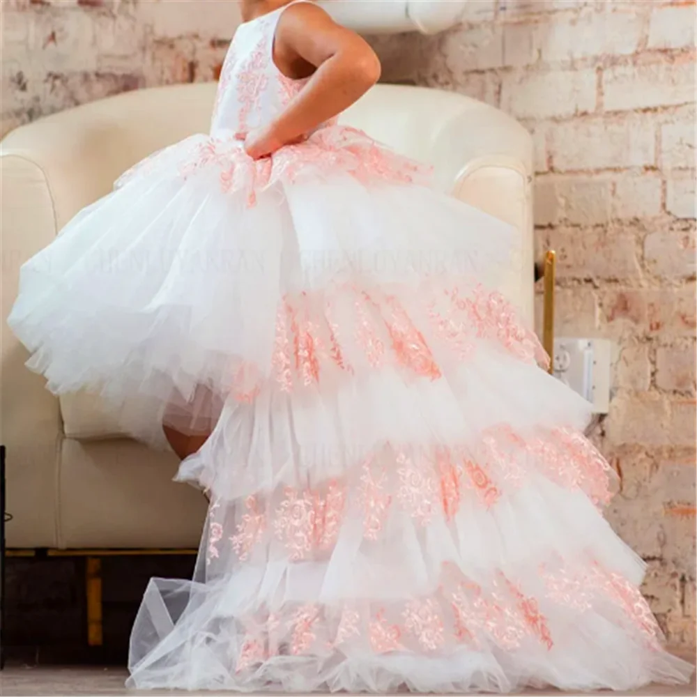 

Gorgeous White And Pink Layered Sleeveless Flower Girl Dress Princess Ball First Communion Dresses Surprise Birthday Present
