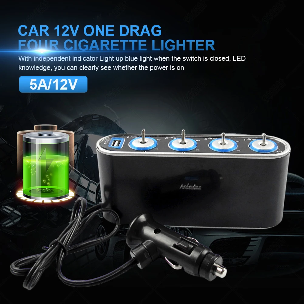 light up cigarette lighter USB Port Car Charger Adapter 12V Cigarette Lighter Socket Splitter LED Light  Power Socket Distributor Multi Socket Car Charger