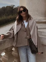 Elegant Straight Cut Wool Jacket Women Fashion V Neck Single Breasted Short Coat 2025 Autumn Chic Lady Office Street Outerwear 2