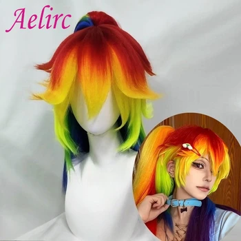 Rainbow Dash Pony Friends Cosplay Wig Anime Coser Single Ponytail Synthetic Wig Cute Girl Heat Resistant Fiber Wig Halloween Use 1