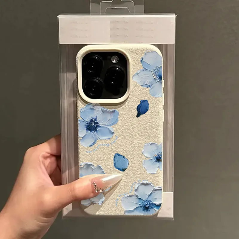 Elegant Blue Oil Painting Flower Phone Case - Faux Leather Cover