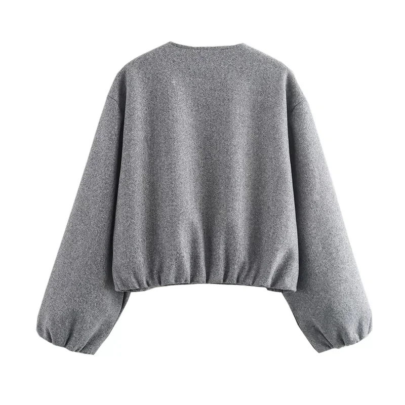 Retro Solid Woolen Women's Bomber Jacket Long Lantern Sleeves Pockets O-neck Loose Female Coat Autumn High Street Outwears