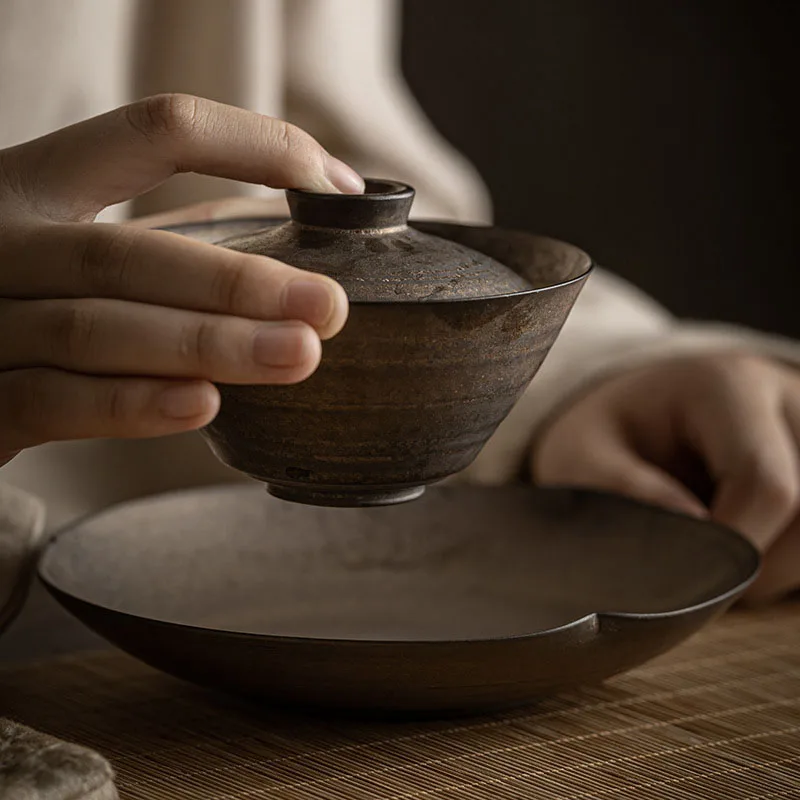 140ml Retro Rust Glaze Ceramic Tea Tureen Chinese Tea Maker Non-hot Gaiwan Handmade Coarse Pottery Bowl Creative Teaware Set