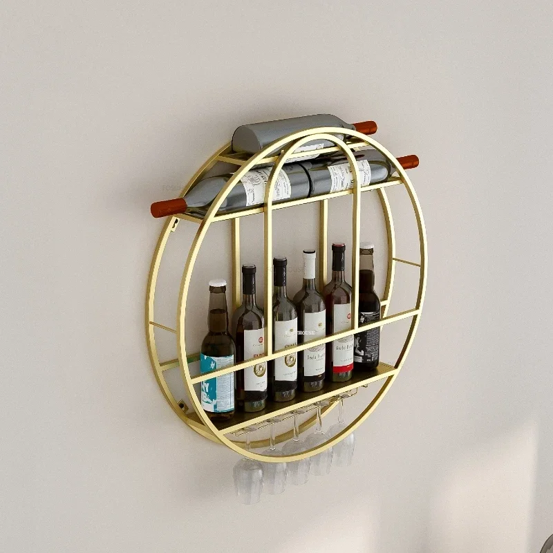 Nordic Round Wall-mounted Wine Rack Home Storage Rack with Wine Glass Holder Modern Bar Furniture Luxury Gold Iron Cabinets