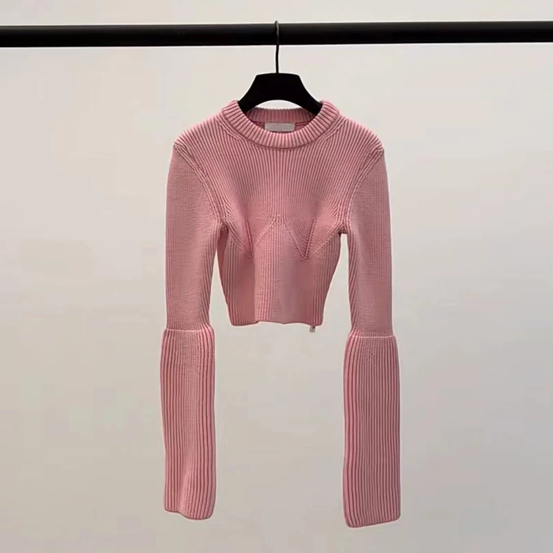 

Short knit top early fall new high - waisted lazy style slim sweater