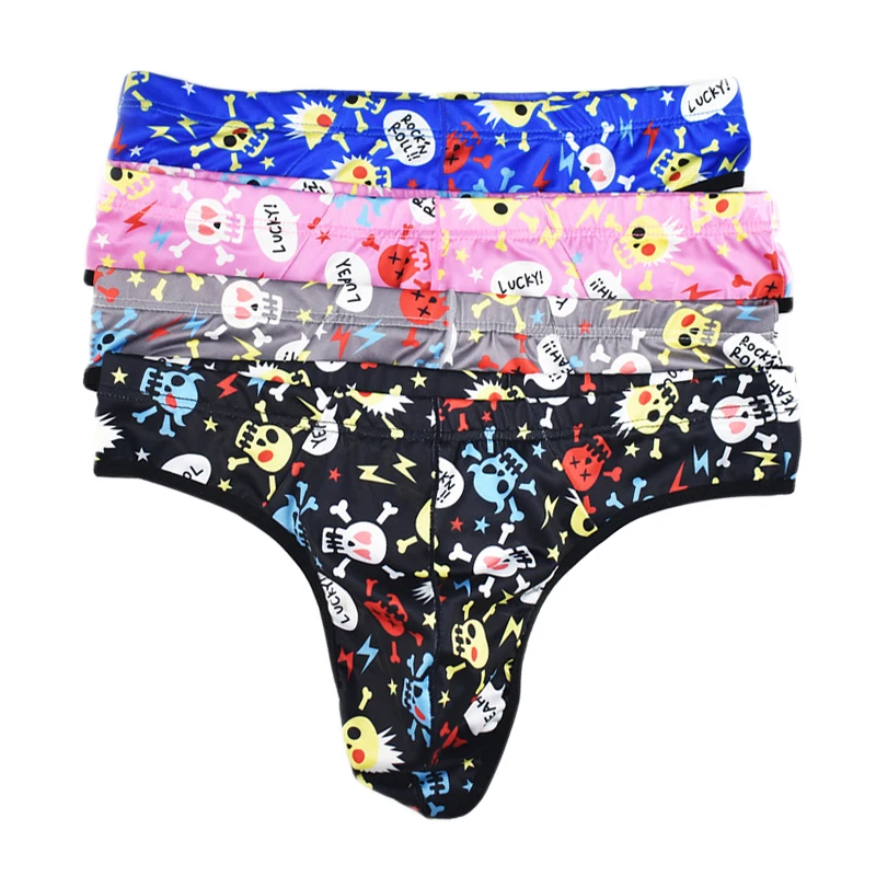 4PCS Wholesale Mens Thong Underwear Sexy Skull Print U-convex Pouch Men Tangas Hombre Ropa Interior T-back Thongs G String