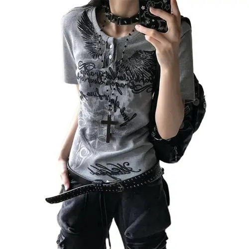 HOUZHOU Harajuku Gothic Print T-shirt Women Vintage Japanese Style Gray Graphic T-shirts Grunge Y2k Punk Slim Short Sleeve Tees - Image 5