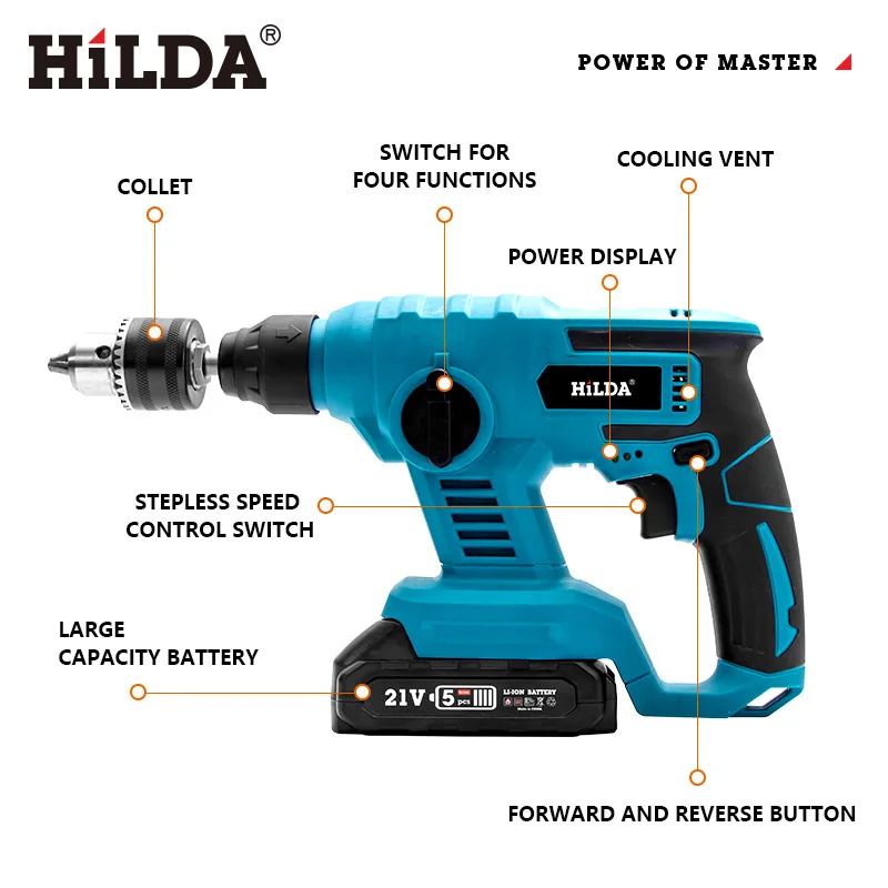HILDA Electric Hammer Impact Drill Rechargeable Lithium Battery Rotary Hammer Wireless Electric Drill 21V 3