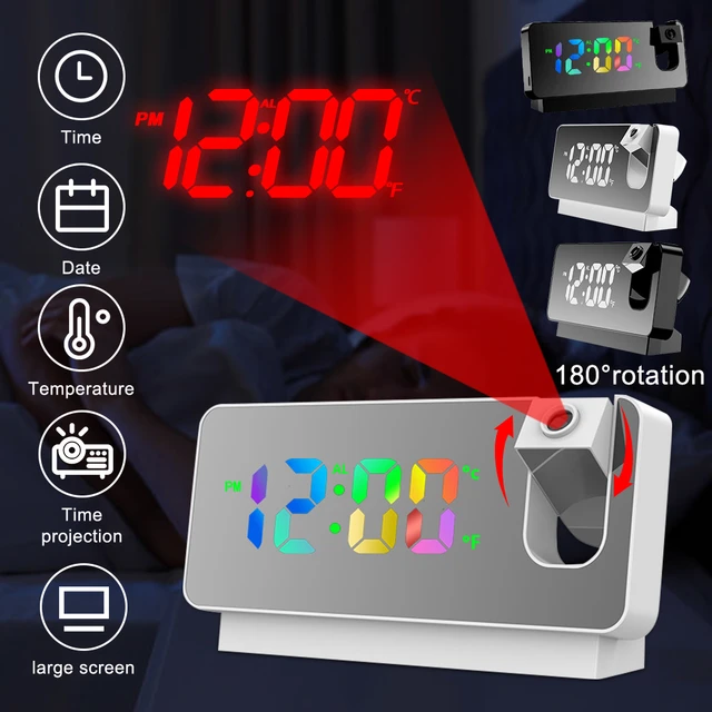 Reloj despertador de proyección con pantalla LED grande, despertador  electrónico Digital, pantalla de espejo LED, proyector giratorio de 180 ° -  AliExpress