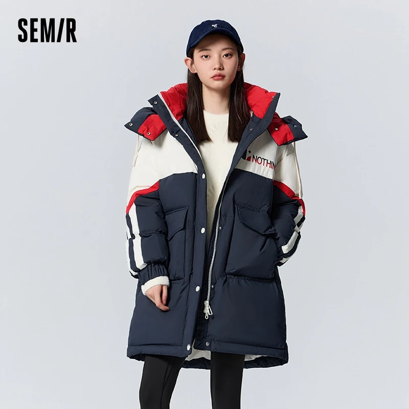 Semir Down Jacket Women Long Color Block Letters Winter Fashion Hooded Loose Warm Thick Coat