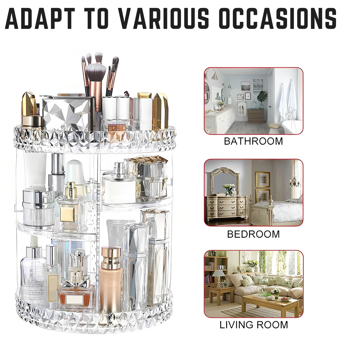 3 Tiers Rotating Makeup Organizer 360° Spinning Large Capacity Makeup Stand Clear Skincare Display Case with Compartment Design 6