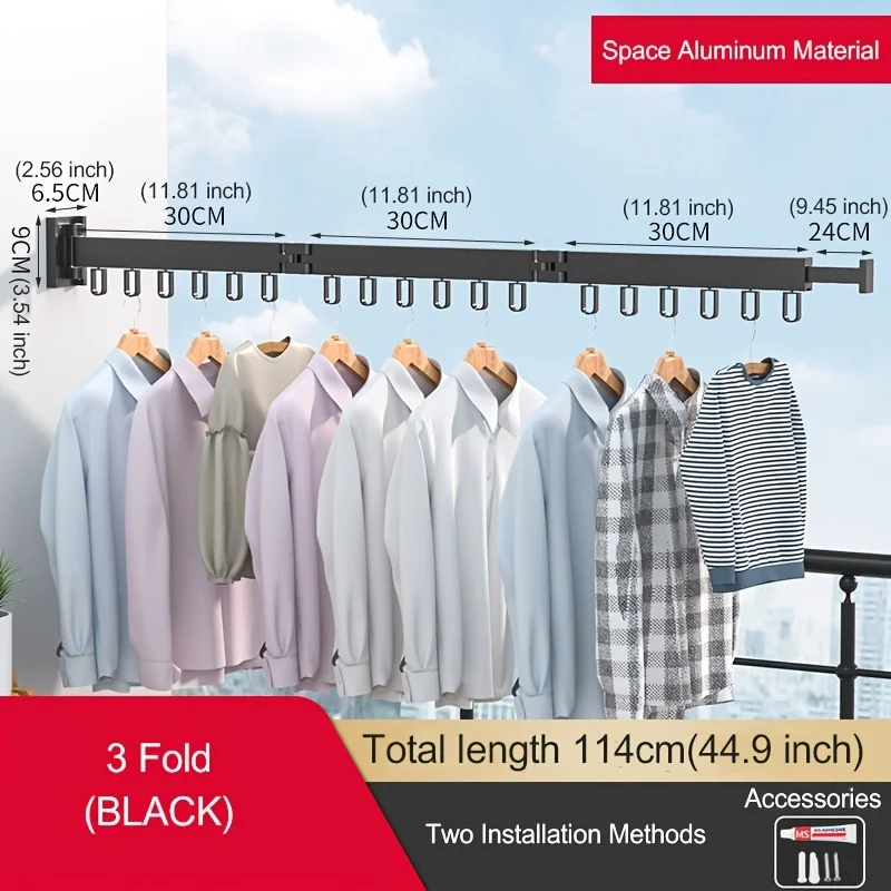 Aluminum Folding Clothes Drying Rack, Foldable Telescopic Wall-mounted Collapsible Drying Rack for Balcony Laundry Bathroom