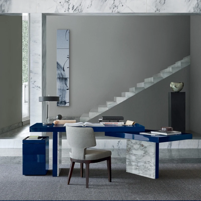 

Italian minimalist high-end desk desk natural marble blue paint designer furniture