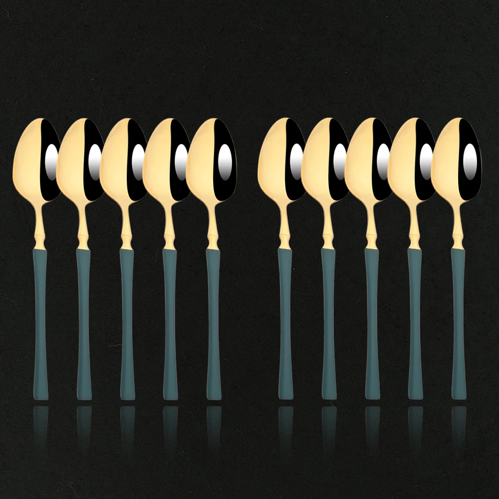 

10Pcs Green Gold Coffee Spoon Stainless Steel Stiring Teaspoons Ice Cream Cake Dessert Spoon Set Black Tableware Party Cutlery