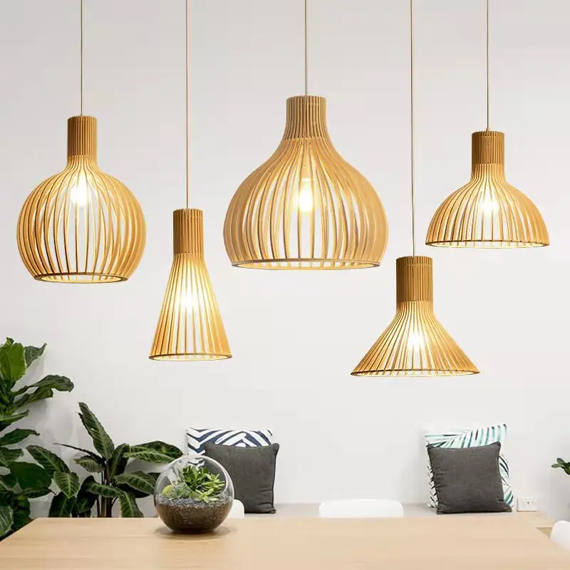 

Janpanese Birdcage Wood Pendant Lights Design Dining Table Kitchen Wooden Hanging Light Bamboo Light Loft Decor Fixture E27