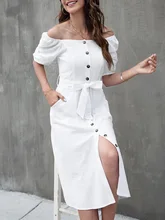 

ATUEDNO Summer Solid White Dress for Women Fashion Wedding Guest Satin Silk Maxi Robe Leisure High Waist Office Lady Dresses