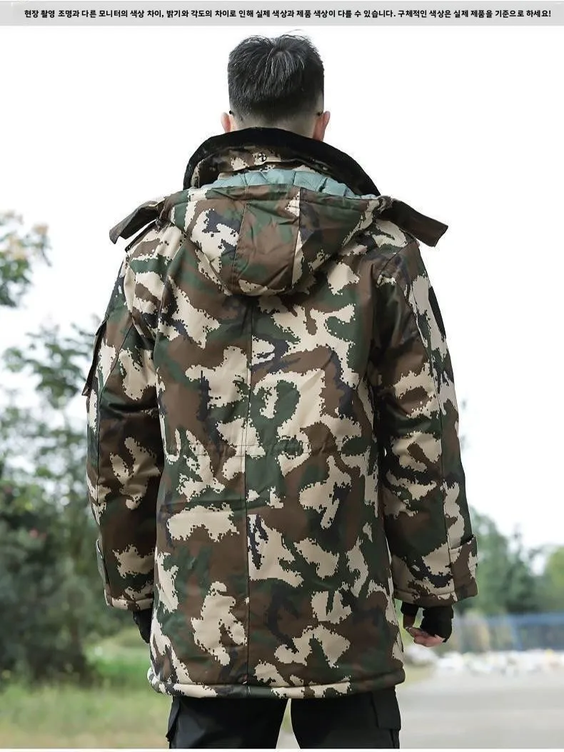 새로운 겨울 두꺼운 위장 남성용 코튼 코트 군사 훈련 겉옷 작업복 보호 의류 롱 코트 자켓