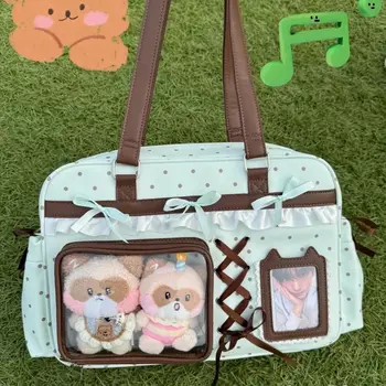 Borsa tote con fiocco dolce e carino da donna, doppio strato, grande capacità, display per bambola, borsa Ita, borse a tracolla Harajuku a pois verdi da donna