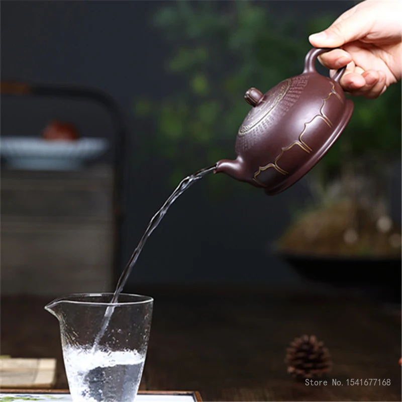 Zisha Segment Mud Teapot, Clay Buddha Lotus Pattern, Handmade Kongfu Tea Pots, New Chinese Purple Sand Tea Pot, 360CC, 1Pc