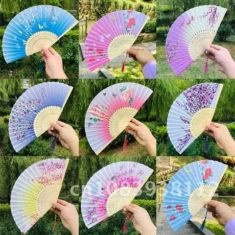 

Vintage Chinese Style Silk Flower Printing Hand Held Fan Bamboo Prints Handmade Ornaments Wedding Dance Party Supplies