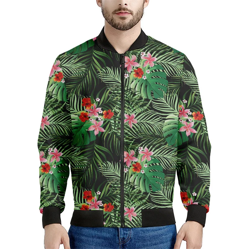 thumbnail image 1 of Nueva chaqueta con cremallera y estampado 3D de flores hawaianas para hombre, sudaderas estilo bombardero con estampado de plantas tropicales, abrigos de manga larga de gran tamaño, 1 of 5