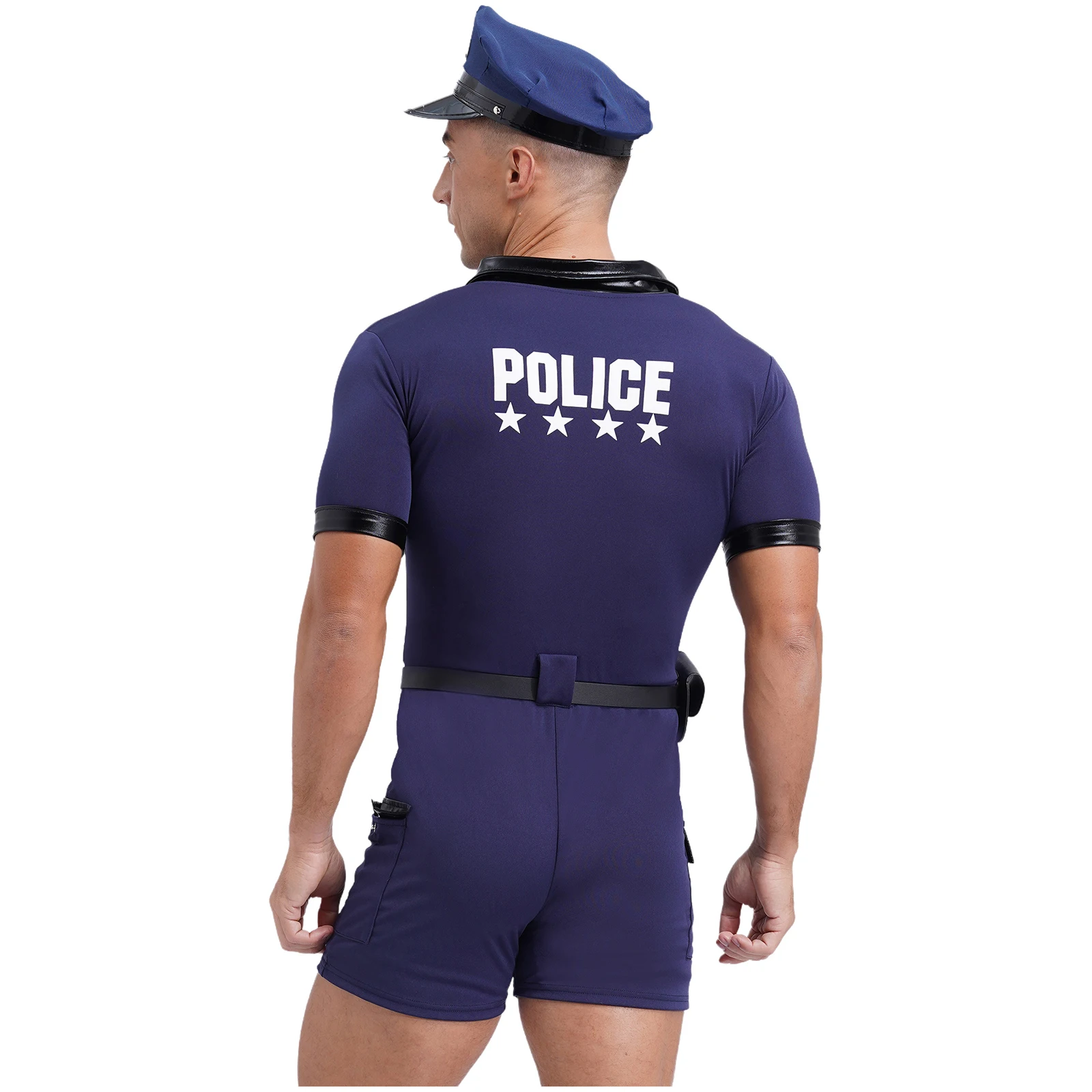 Mens Policeman Costume Short Sleeve Zipper Front Jumpsuit Dirty Cop Role Play Outfits Bodysuits with Cop Hats Cuffs Belt Purse