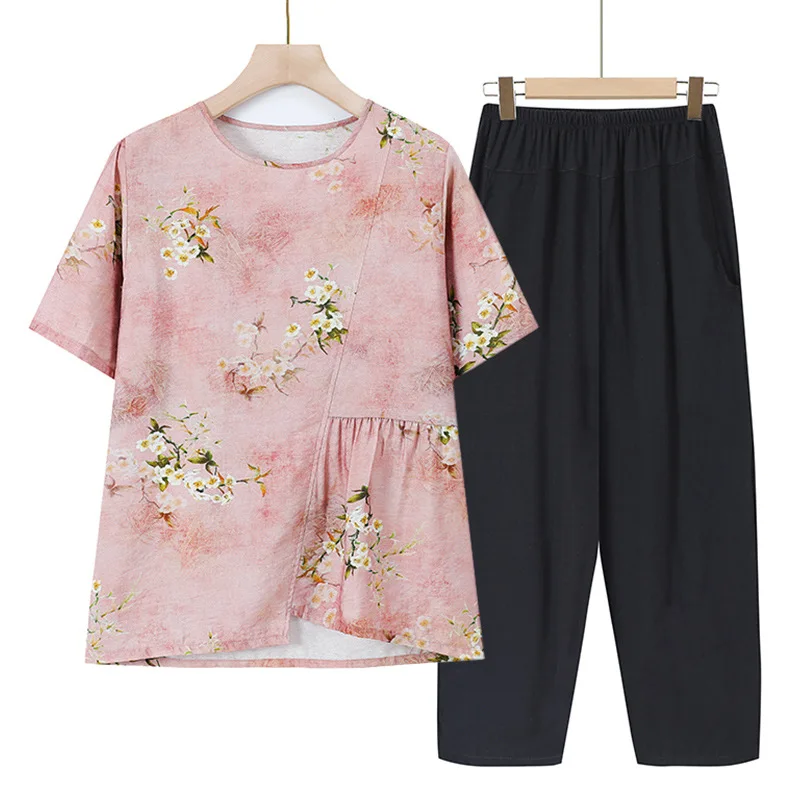 Fdfklak Mom Summer Middle-aged 6XL Big Size Women Cotton Short-sleeved T-shirt Suit Printed Pajamas Household Clothes Nightgown