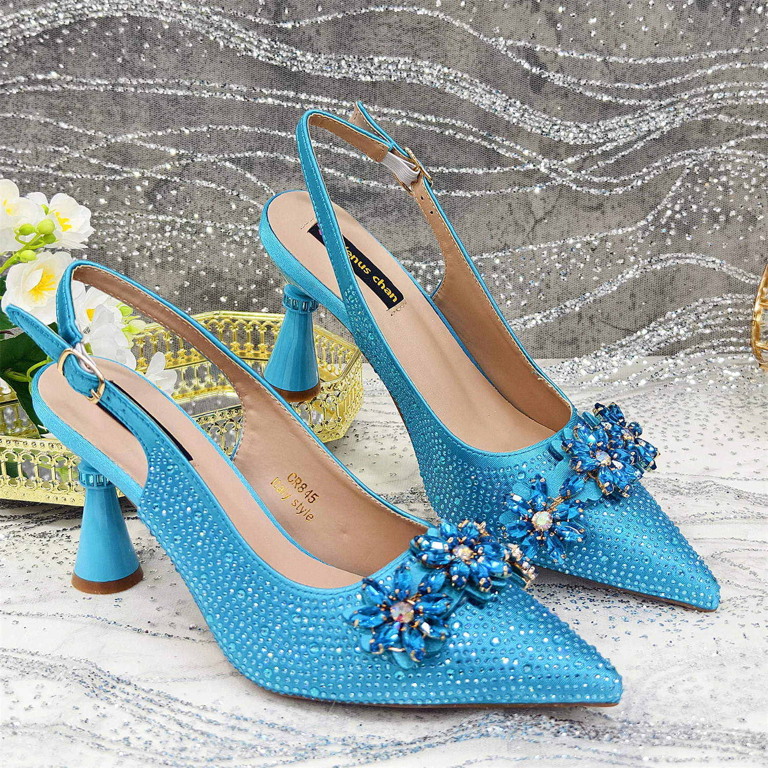 2025 Pointed Toe High Heels Shoes and Bags Set With Rhinestone for