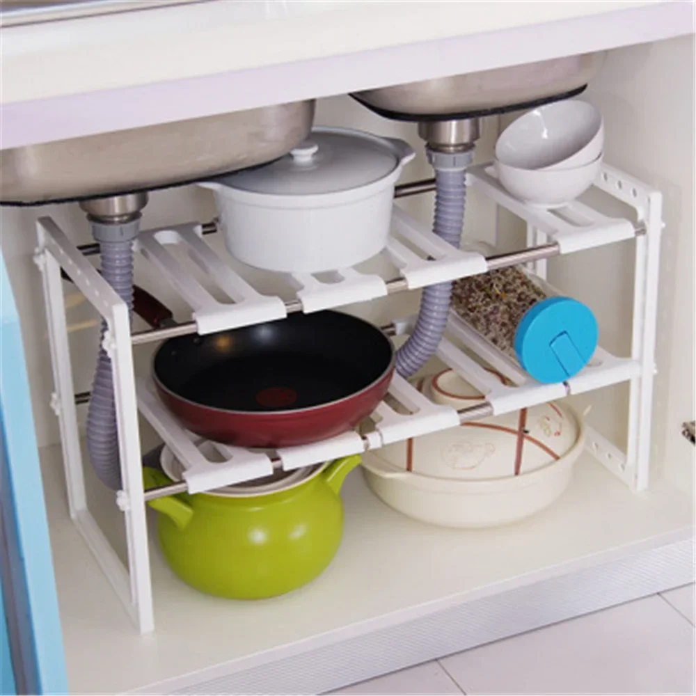 Extendible Kitchen Under Sink Rack Bathroom Stainless Steel Storage Shelf Cooker Pot Pan Holder Cabinet 2 Layer Organizer Stand