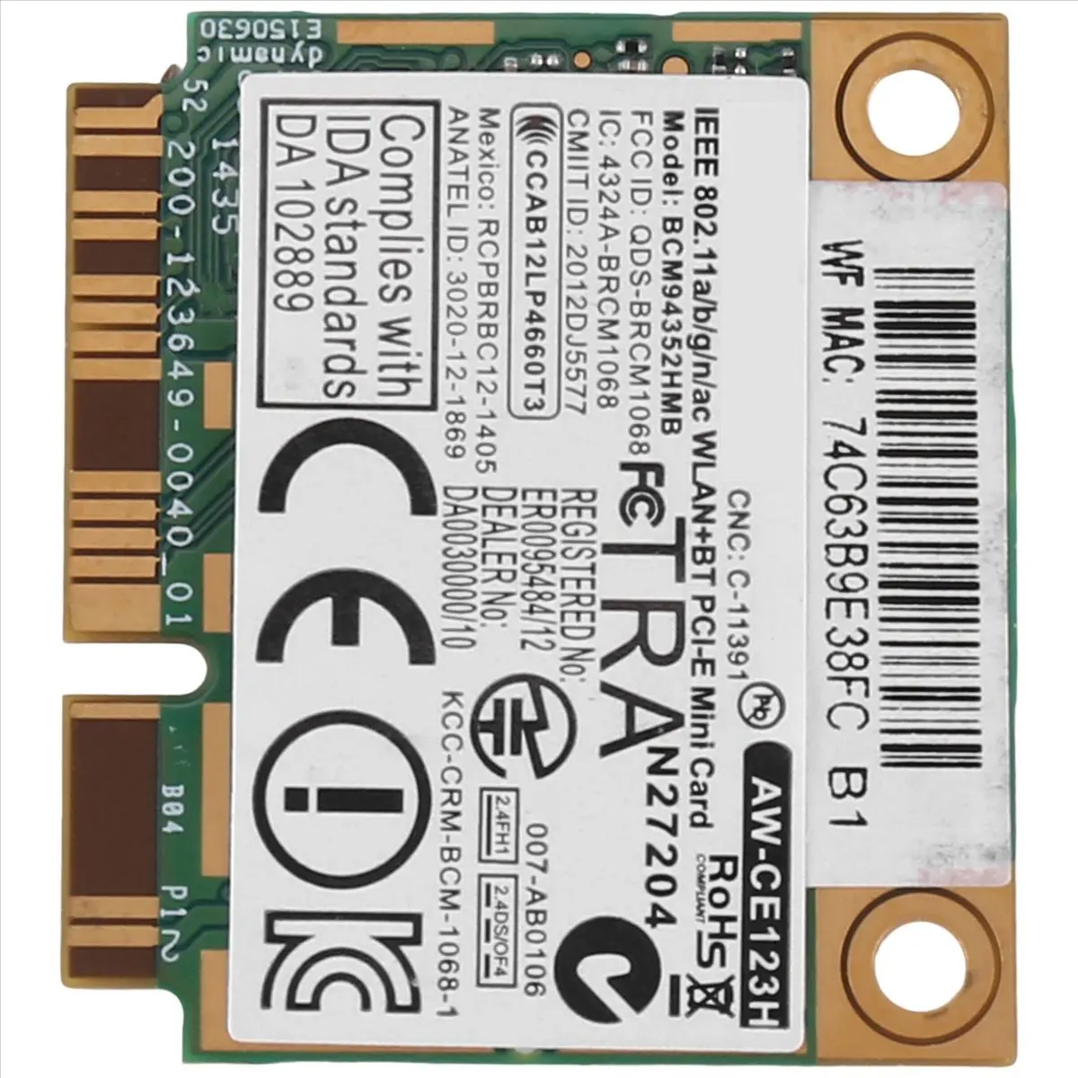 AzureWave BCM94352HMB WIFI 카드 미니 PCIe 802.11AC 867Mhz 무선 WIFI WLAN 블루투스 카드용으로 적합합니다.