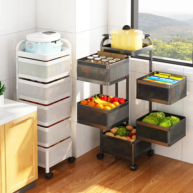 5-Tier Metal Mesh Fruit & Vegetable Storage Cart - Stackable Kitchen Organizer With Wheels (Black, 5-Layer)