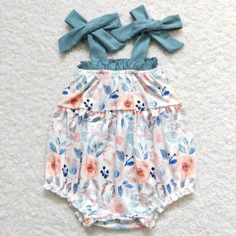 

RTS Baby Girls Newborn Infants Dark Blue Straps Pink Rose Flowers Holiday Boutique Wholesale Spring Sleepers Rompers