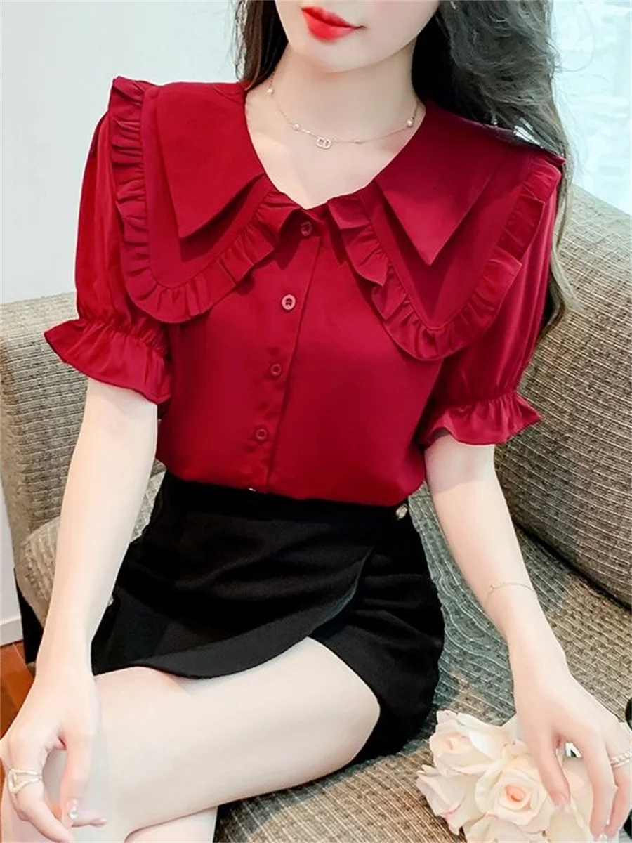 

Woman Summer Style Slim Blouses Tops Lady Casual Short Lantern Sleeve Peter Pan Collar Solid Color Blusas Tops DF4407