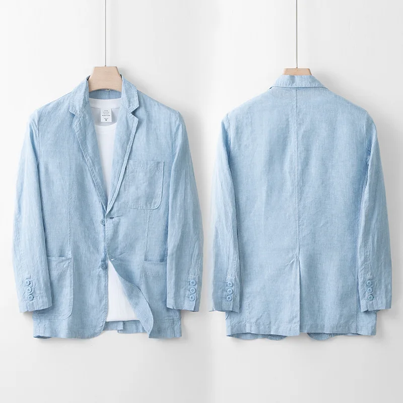 British Style New 100% Linen Blazer Hombre Daily Casual Blazer Loose Solid Single Layer Suit Jackets for Men Simple Ropa Hombre 5