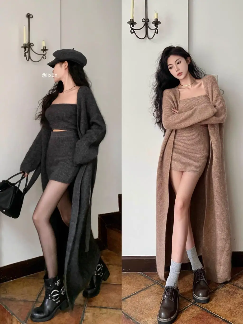 Autumn Winter New Knitted 3-piece Skirt Set Women Solid Long Cardigan Strapless Crop Top Mini Skirt Y2K Korean Chic Knitwear New