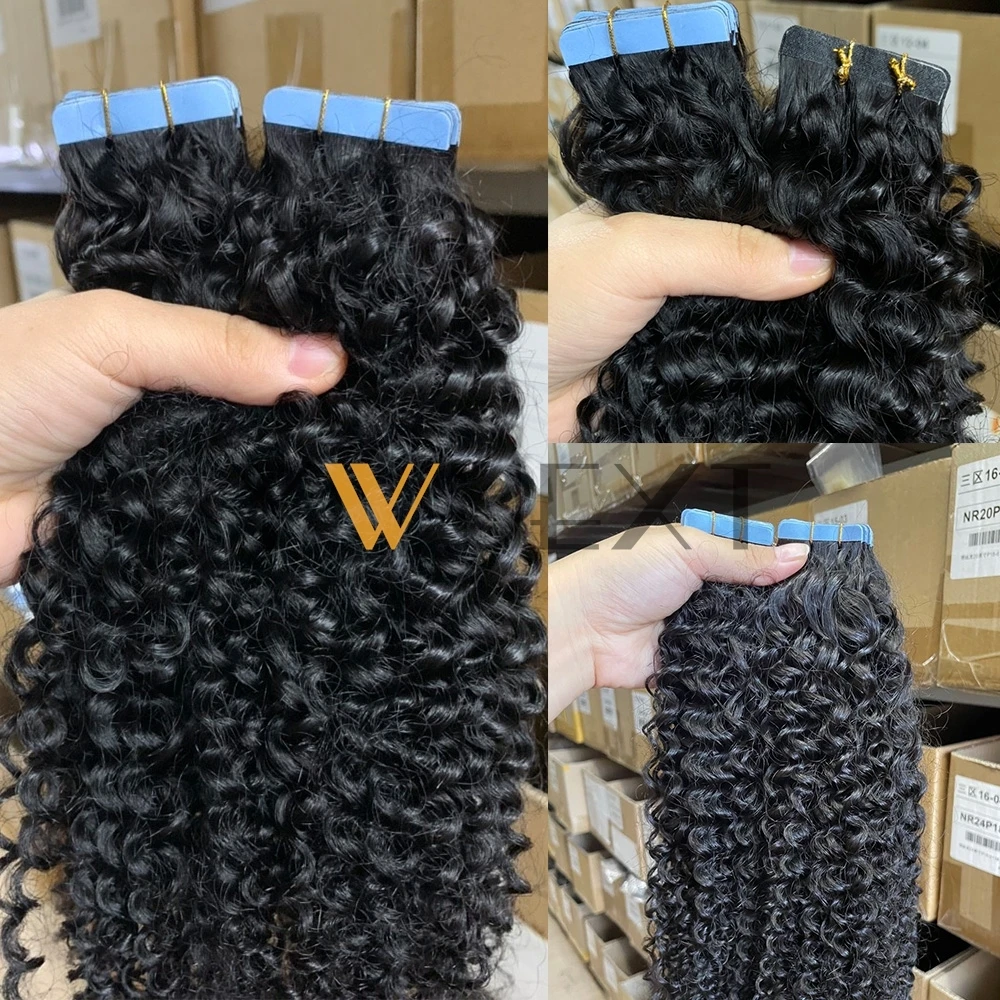 제트 블랙 아프로 킨키 컬리 테이프 인 인간의 머리카락 확장 초콜릿 여성용 테이프 인 헤어 확장 테이프 살롱 20개