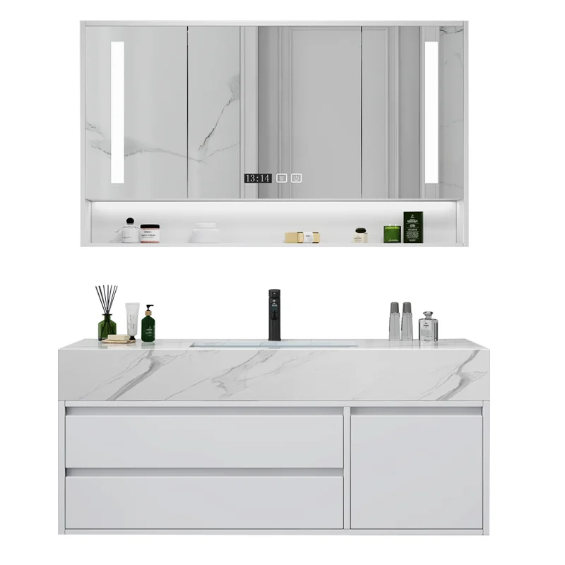 Waterproof Washroom Stainless Steel Wall-mounted Mirror Cabinet，Small Modern White Bathroom Storage Vanity Cabinets