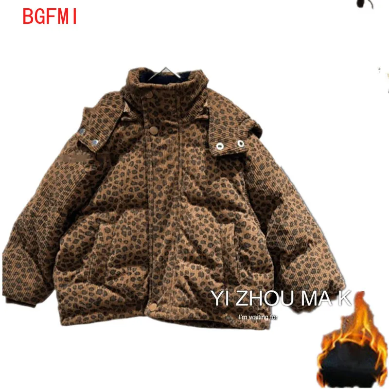 Kid Girls Winter Coat Boys Warm Hooded Outerwear Children Velvet Thick Leopard Print Jacket 2-10Y Corduroy Overalls