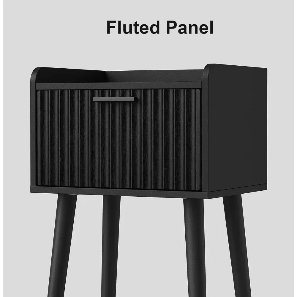 Nightstand Set of 2, Small Bed Side Table with Fluted Door, End Table with Solid Wood Legs, Mid-Century Bedside Table for Bedro