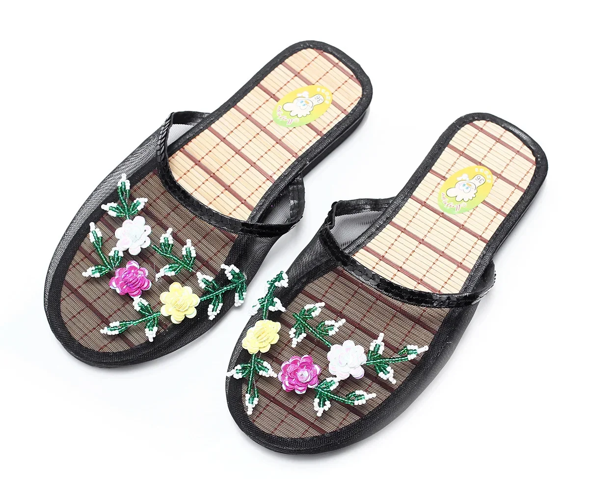 Women Indoor Slippers Sequin Flat Shoes Cool Lady Summer Hollow Mesh Beach Flip Flops Casual Baotou Creative Flower Mesh lightweight slippers flat slippers women slippers cotton slippers warm slippers slippers sandals