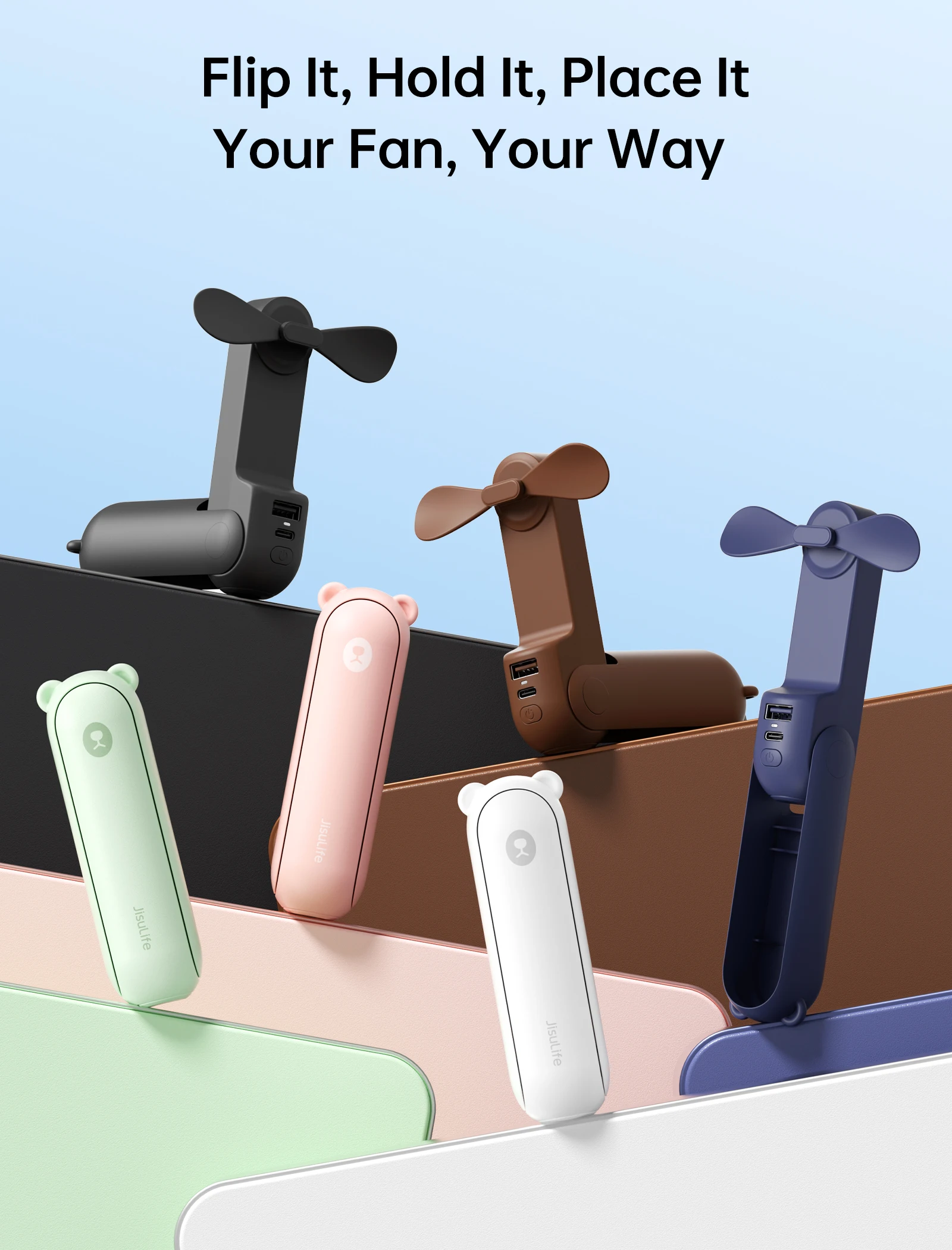 JISULIFE Portable Fan Mini Handheld Fan USB 4500mAh Recharge Hand Held Small 3 in1 Pocket Fan with Power Bank Flashlight Feature