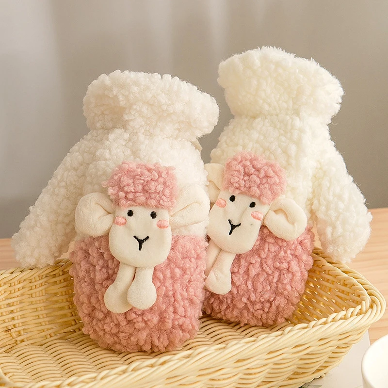 

cute Cartoon Small Sheep Gloves, Thicken Winter Warm Lamb Cashmere Mitten, Can Hanging Neck Gloves, plush Outdoor Cycling Gloves