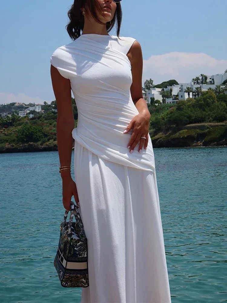 

2024 New Elegant White Women Asymmetry Maxi Dress Fashion O-neck Sleeveless Pleated Bodycon Dresses Summer Lady Vacation Robes