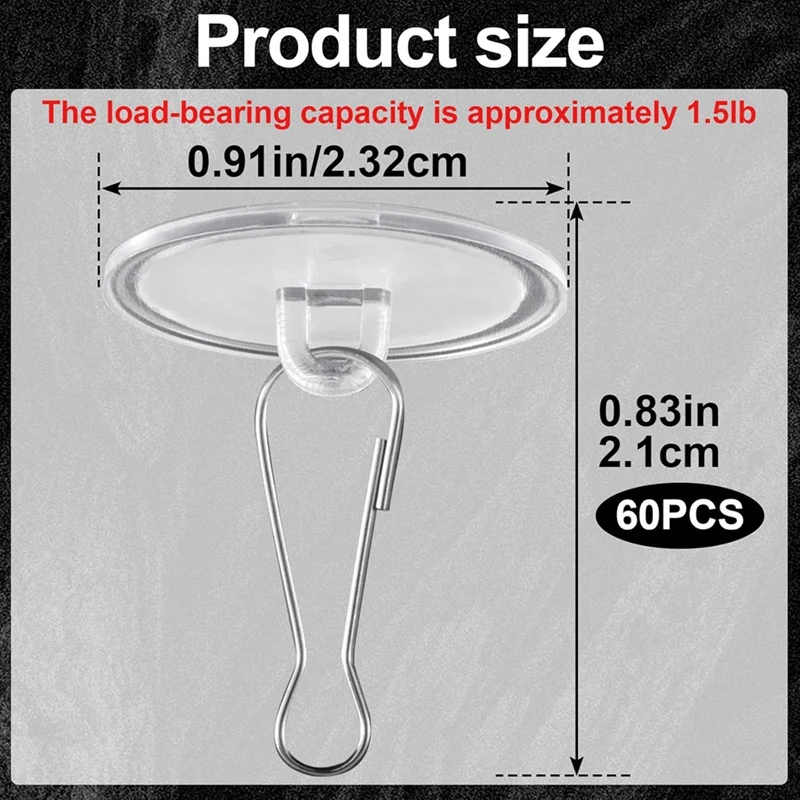 60 Pcs Self Adhesive Ceiling Hooks, Clear Sticky Hooks For Hanging, Removable Sticker Hooks, No Drill Ceiling Hook 6
