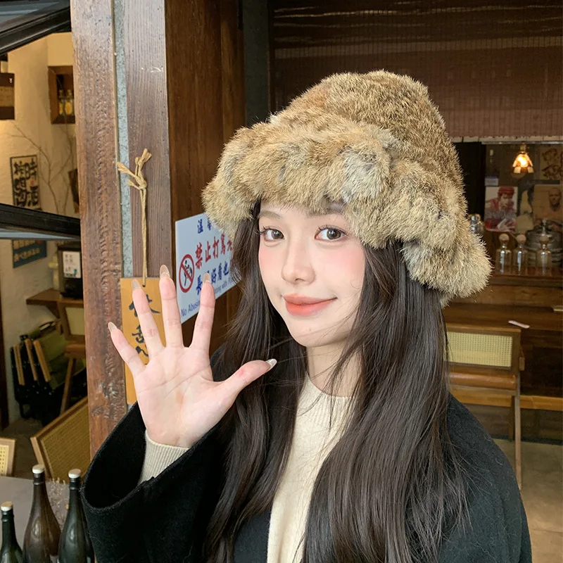 Fur Hats Real Rabbit Fur Fisherman's Hat Women Winter Warm Rabbit Fur Caps Soft Natural Hats Female Fashion Cap