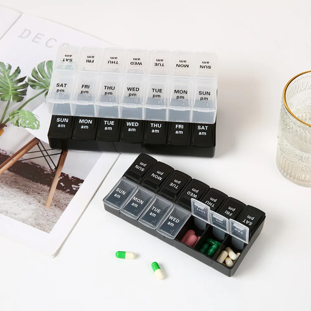 Weekly Pill Organizer with Easy-Open Compartments - BPA-Free 7-Day, 2-Times-A-Day Vitamin and Medication Storage